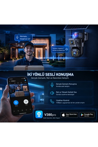6mp Solar Wifi Çift Lensli Ptz Güvenlik Kamerası 360 Dönüş Hareket Algılama Gece Görüşü Uzaktan İzleme Ip66 Dış Mekan Kamera