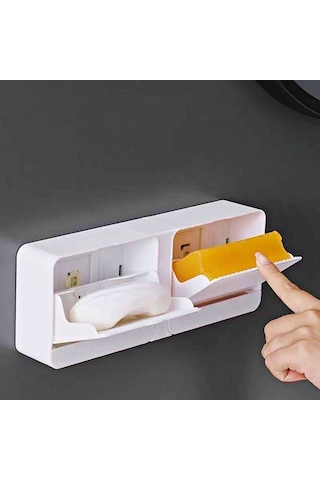 2 Bölmeli Yapışkanlı Duvara Monte Mutfak Banyo Katı Sabunluk Beyaz