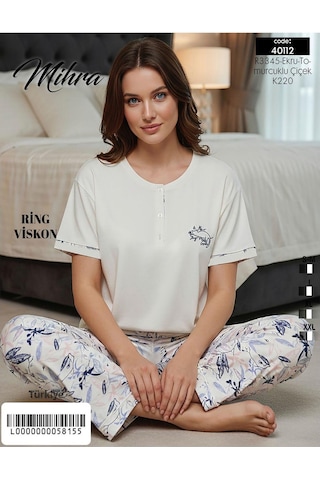 Mihra Kadın Ring Viskon Düğmeli Yaka Kısa Kol Likralı Pijama Takımı 40112e - 1 Adet Ekru