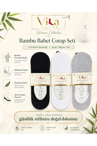 Vıla Bambu Kadın Babet Çorap Dikişsiz Görünmez Kaydırmaz Topuk Silikonlu 6'lı Çok Renkli