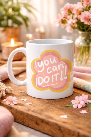 Northcity You Can Do It Yazılı Porselen Kupa - Motivasyon Veren Çiçek Tasarımı Hediye Kupa Model 126 Tek Bır Deger Yaz