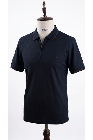 Onz Erkek Keten Dokulu Yarım Fermuarlı Polo Tişört Açık Lacivert