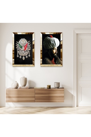 Gold Aynalı Pleksi Çerçeveli Fatih Sultan Mehmet Ve Osmanlı Tuğrası İkili Mdf Tablo Seti