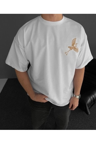 Zenna Tarz Ön Ve Arka Baskılı Oversize Bisiklet Yaka T-shirt - Beyaz