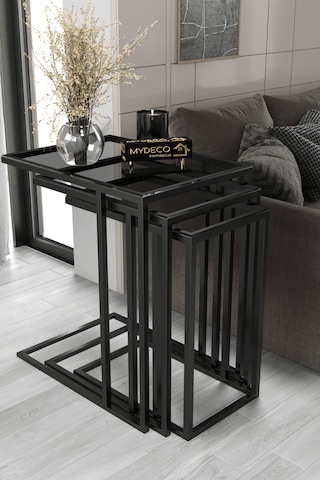 3'lü Siyah Koltuk Sehpası&yan Sehpa Şeffaf Füme Cam