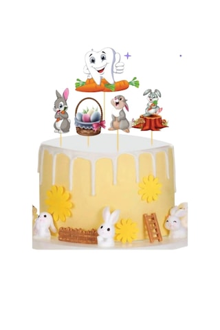 Diş Buğdayı & İlk Diş Temalı Pasta Üstü Kürdan Seti 5 Li Tavşan & Diş Figürlü Cake Topper
