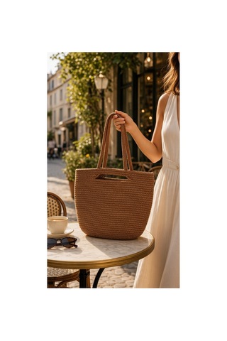 Nakkaş Home Collection Jüt Çanta Kadın Hasır Çanta, Plaj Çantası, Omuz Ve Günlük Kullanım Çantası-kahverengi-32x32 Cm