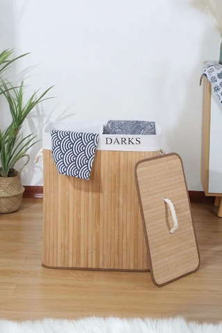Bambu Kirli Temiz Bölmeli Çamaşır Sepeti 32x52x60 Bej