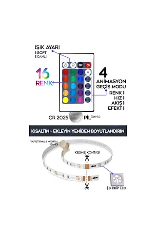 1 Metre Oyuncu Bilgisayar Masası Rgb Şerit Led Aydınlatma Sistemi Pro 3 Chip