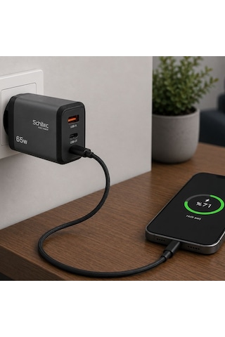 Schitec 65w Gan 3 Çıkışlı 2xtype-c + Usba Qc 3.0 Hızlı Şarj Adaptörü Başlığı Hg/ta-56eu Siyah