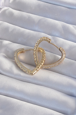 Pirinç Gold Renk Zirkon Taşlı Motifli Kalp Küpe Altın