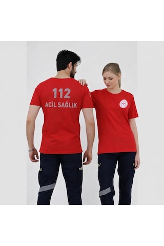 112 Acil Sağlık Yuvarlak Yaka Penye Kısa Kol Tshirt - Kırmızı