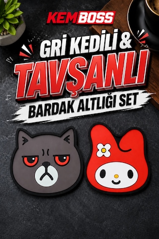 Kemboss Gri Kedili Ve Tavşanlı Silikon Bardak Altlığı Seti 4'lü Kaymaz Isıya Dayanıklı Masa Koruyucu Çok Renkli