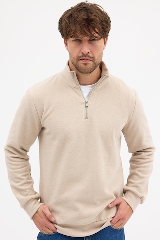 Mmetalic Erkek Bej Standart Fit Normal Kesim Pamuklu Yarım Fermuarlı Dik Yaka Pamuklu Sweatshirt Bej