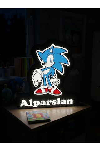 Kişiye Özel İsimli Sonic Led Gece Lambası Usb Çocuk Odası Mavi-siyah