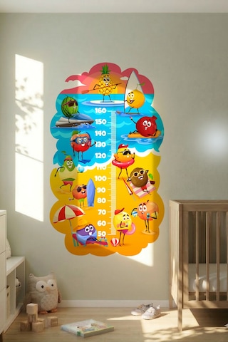 Sevimli Meyveler Temalı Dekoratif Çocuk Boy Ölçer Sticker Duvar Cetveli Takip Çizelgesi