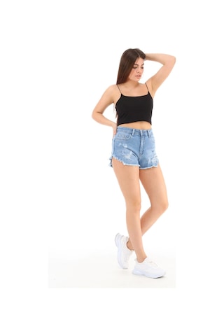 Cedy Denim Kadın Yüksek Bel Yırtlıklı Ve Yıpratmalı Paçası Püsküllü Kot Şort Mini Jean Şort C603 Mavi