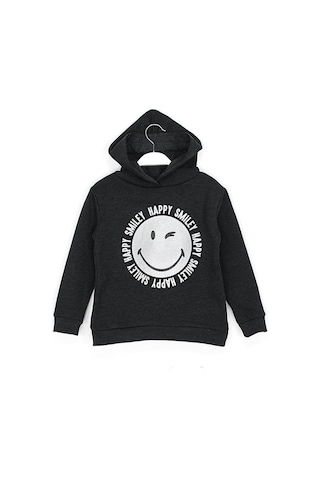 Smile Baskılı Kız Çocuk Kışlık Kapüşonlu Sweatshirt 7 - 16 Yaş Siyah