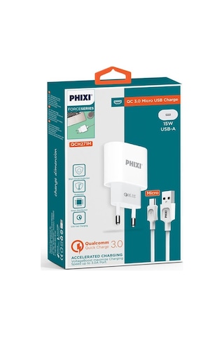 Phixi QCH271M Force Akım Korumalı 15 W / 3 A Qualcomm 3.0 Micro USB Kablolu Şarj Cihazı