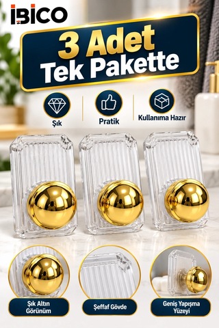 İbico 3'lü Yapışkanlı Altın Askı Seti Vidasız Montaj Güçlü Yapışkanlı Duvar Banyo Mutfak Kapı Askısı Çok Renkli