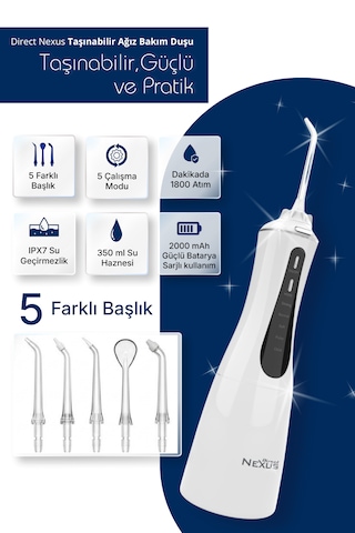 Şarjlı Taşınabilir Ağız Duşu 5 Başlıklı 5 Modlu Ipx7 350 Ml Beyaz