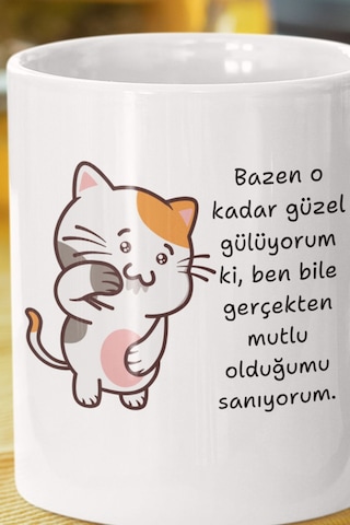 Bazen Ben De Mutlu Olduğumu Sanıyorum-kedi Baskılı Eğlenceli Hediyelik Beyaz Kupa Bardak