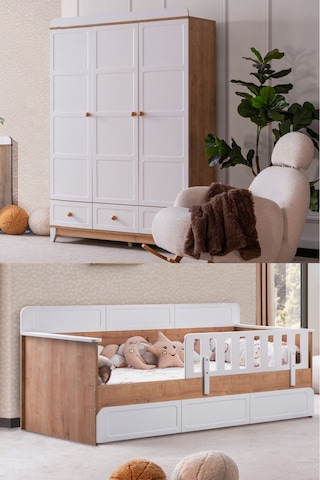 Mira Çocuk Odası Takımı, Mira Yavrulu Karyola, Berlin 3 Kapaklı Dolap - Ceviz Renkli