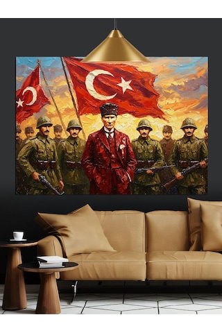Bayrak Tutan Askerler Ve Atatürk Dekoratif Kanvas - Mdf Ahşap Tablo
