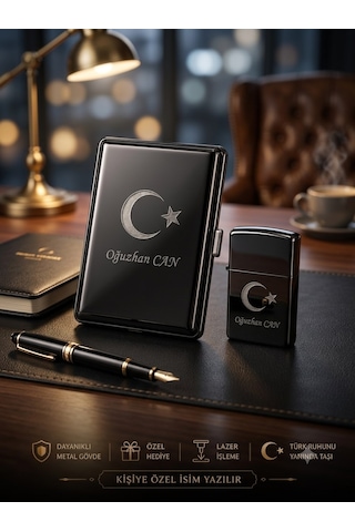 İsime Kişiye Özel Ay Yıldız Bayrak Lazer İşlemeli Tabaka Ve Benzinli Metal Çakmak Seti Dolu Gönderim