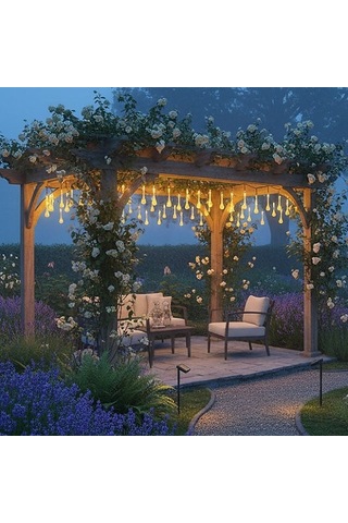 Damla Şeklinde 50 Led Güneş Enerjili Bahçe Balkon Aydınlatma 7 Metre Işık Çok Renkli