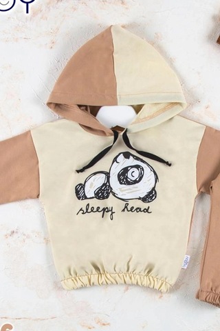 Veraura Lifestyle Panda Desenli Kapişonlu Erkek Bebek Takımı KREM