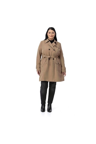 Büyük Beden Kruvaze Kolu Bant Detaylı Cepli Kuşaklı Astarlı Vizon Trençkot Vizon