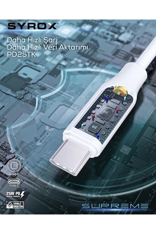 Syrox Type-c To Type-c Pd 25w Hızlı Data/şarj Kablosu 1mt Beyaz Her Iki Ucu