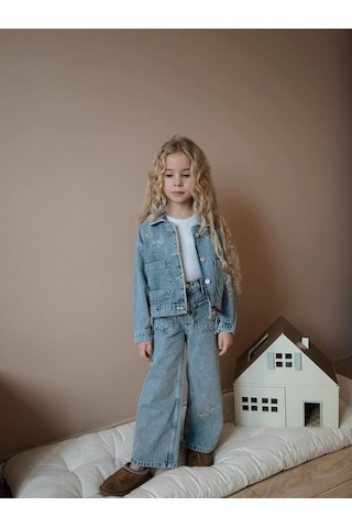 Miniko Kids Kız Çocuk Bayramlık Kot Ceketli Badili Pantolonlu 3lü Takım Mavi