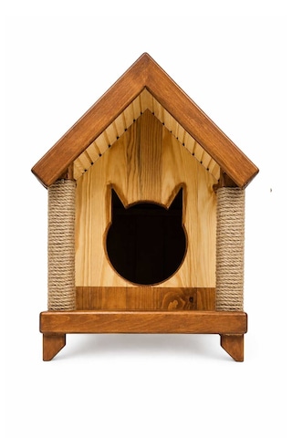 Reyo Narım Ahşap Kedi Evi Tırmalama Tahtalı Kedi Barınağı, Dış Ve İç Mekana Uygun 60x33x35 Cm