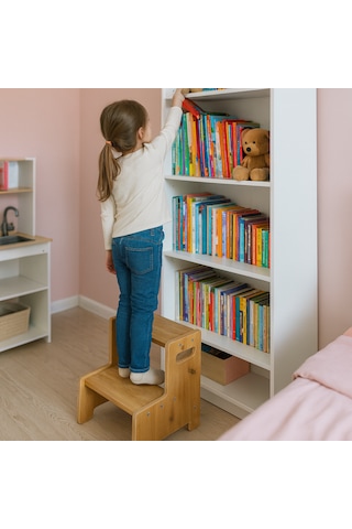 Momo Ahşap Basamak Tabure Çocuk Banyo Wc Lavabo Merdiven Yükseltici Eğitici Kaymaz Montessori Safir Meşe