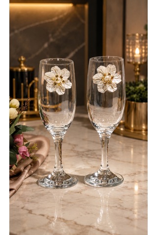 Çiçek Varaklı Kokteyl Kadehi 2 Li Kahve Yanı Su / Kokteyl Bardağı 190 Ml Beyaz