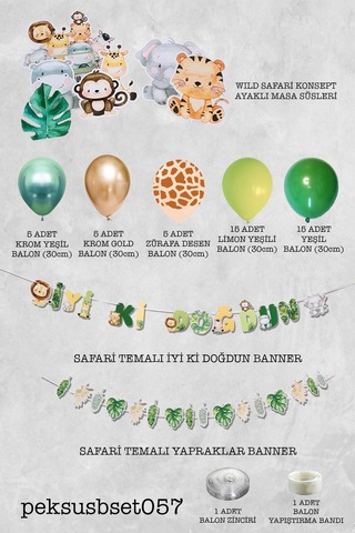 Safari Doğum Günü Parti Paketi Yeşil Gold Balon Zinciri Safari Ayaklı Pano Ve Banner Set Gri