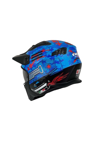 Sway X2 Tokyo Trooper Modüler Full Face Çene Sökülebilen Motosiklet Kaskı M Beden Mavi Kırmızı Siyah - Kırmızı