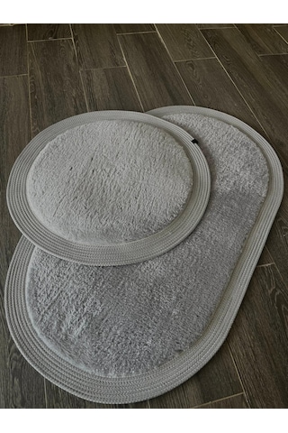 Melena Carpet Premium Kaymaz Taban Peluş Banyo Paspası Seti Jüt Kenar Detaylı 2 Li Oval Yuvarlak 100x60 60x60 Açik Gri