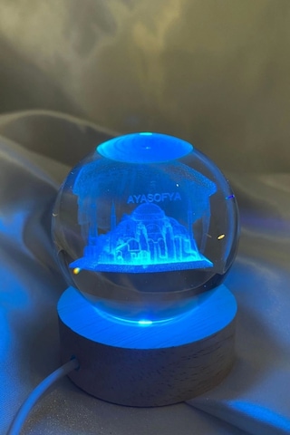 3d Led Işık Gecelambası Cam Küre Çok Renk Günışığı Ahşap Ayasofya Cami Gece Lambası 6 Cm