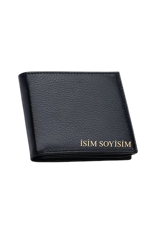Erkek Hakiki Deri Cüzdan İsim Baskılı Yatay Model Siyah