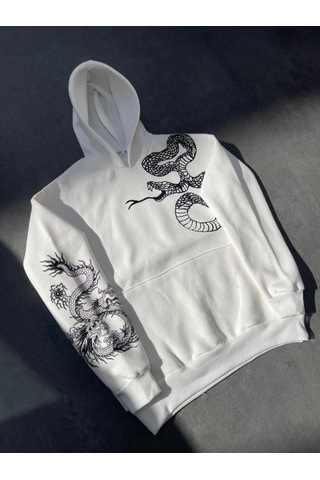 Valensdesign Uzun Kol Kapşonlu Baskılı Sweatshirt - Beyaz