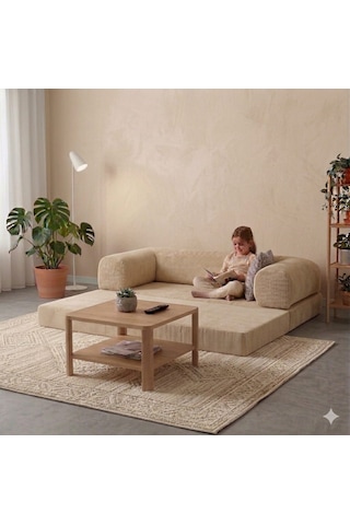 Herev 160x80 Sünger Koltuk İki Kişilik Kanepe Yataklı Yıkanabilir Kadife Kumaşlı Krem