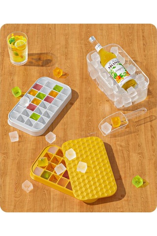 2 Parçalı Silikon Buz Tepsisi, Buz Küpü Filmi Ve Tepsisi Seti 28 Izgaralı Pp Buz Tepsisi Ev Tipi Buz Yapma Kapaklı Saklama Kutusu Sarı-büyük Boy Sarı