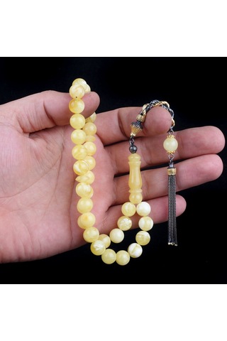 925 Ayar Çift Renk Gümüş Püsküllü 9.5 Mm Damla Kehribar Tesbih