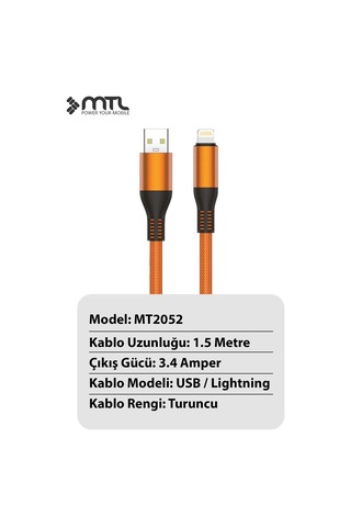3.4a Apple Uyumlu iPhone Lightning Metal Başlıklı Örgülü Hızlı Şarj Ve Data Kablosu 1.5 Metre Mt2052