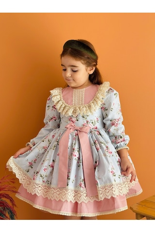 Mavi Çiçekli Önü Fiyonklu Vintage Elbise, Özel Dikim Çocuk Elbisesi, Doğum Günü Elbisesi,0-12 Yaşa Uygun Mavi