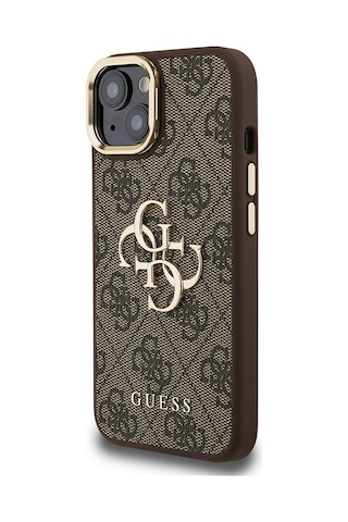 Apple Uyumlu iPhone 15 Kılıf Guess Lisanslı Metal 4g Ve Yazı Logolu Kamera Standlı Kapak Kahverengi