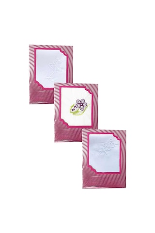 3 Lü Özel Paket Premium Kadın İşlemeli Mendil Seti %100 Pamuk 28x28 Cm Çok Renkli